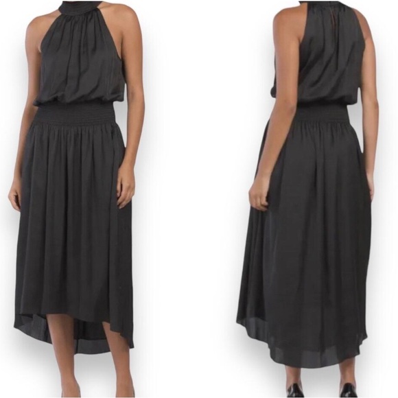 Ramy Brook Sz M Black Satin Smocked Sleeveless Belle High Low Halter Midi Dress - Picture 1 of 13